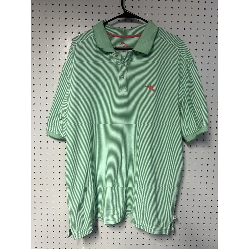Tommy Bahama Mens CXL Green White Stripe Polo Shirt‎ Short Sleeve